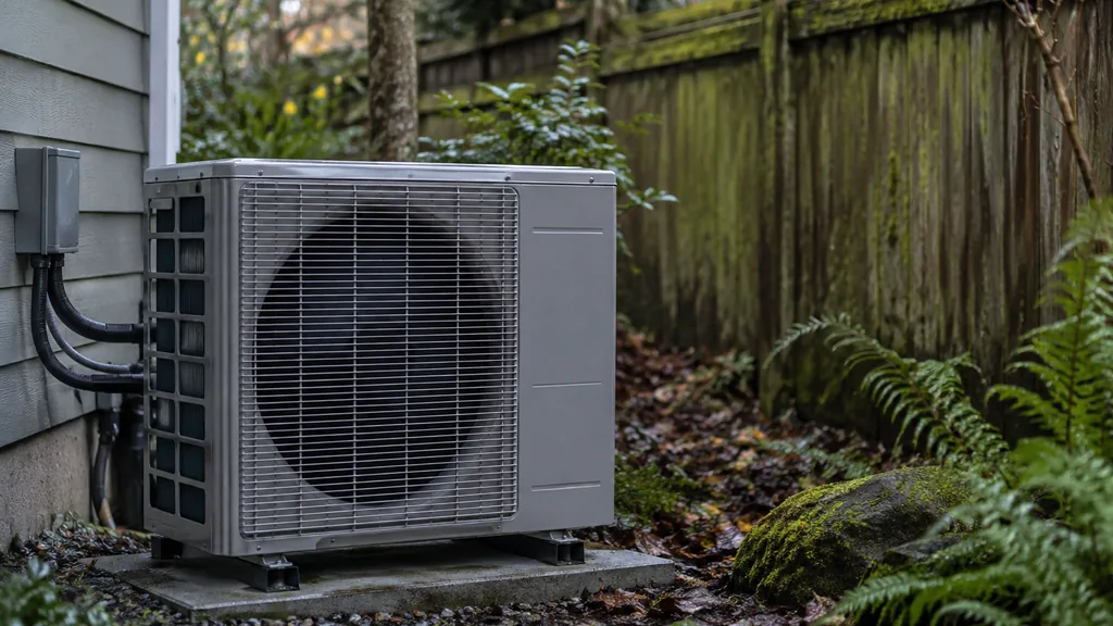 HVAC setting: a heat pump condenser beside a mossy wooden fence in a damp Pacific Northwest backyard under soft overcast light
