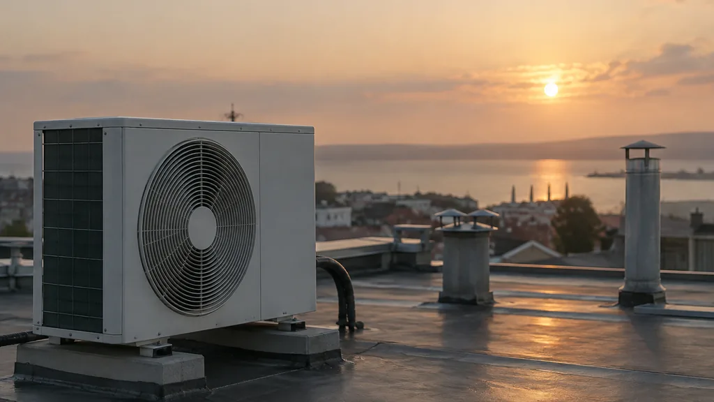 HVAC setting: a compact heat pump unit on a flat urban rooftop with vent stacks and a hazy coastal sky at golden hour