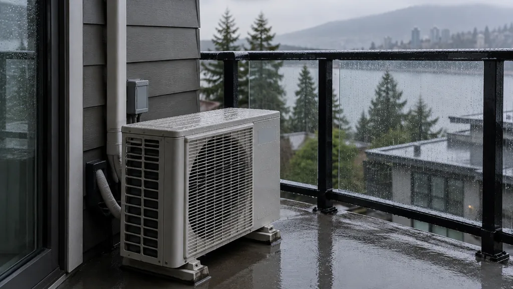 HVAC setting: a ductless mini-split outdoor unit on a rainy balcony with wet railings and grey West Coast light