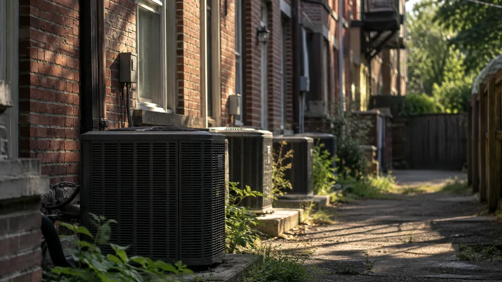 HVAC setting: a row of air conditioning condensers behind brick rowhouses on a humid summer afternoon with long shadows