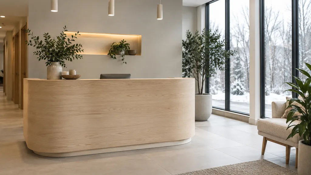 Med spa setting: a minimalist med spa reception with a birch wood counter, green plants and snowy daylight through tall windows