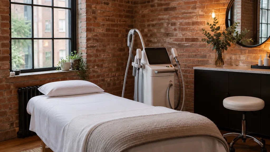 Med spa setting: a treatment room in an old brick building with exposed brick, a white treatment bed and a laser device under warm light