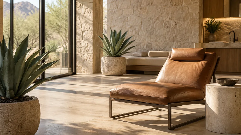 Med spa setting: a sunlit med spa lounge with limestone walls, a leather chair and potted agave plants in warm afternoon light