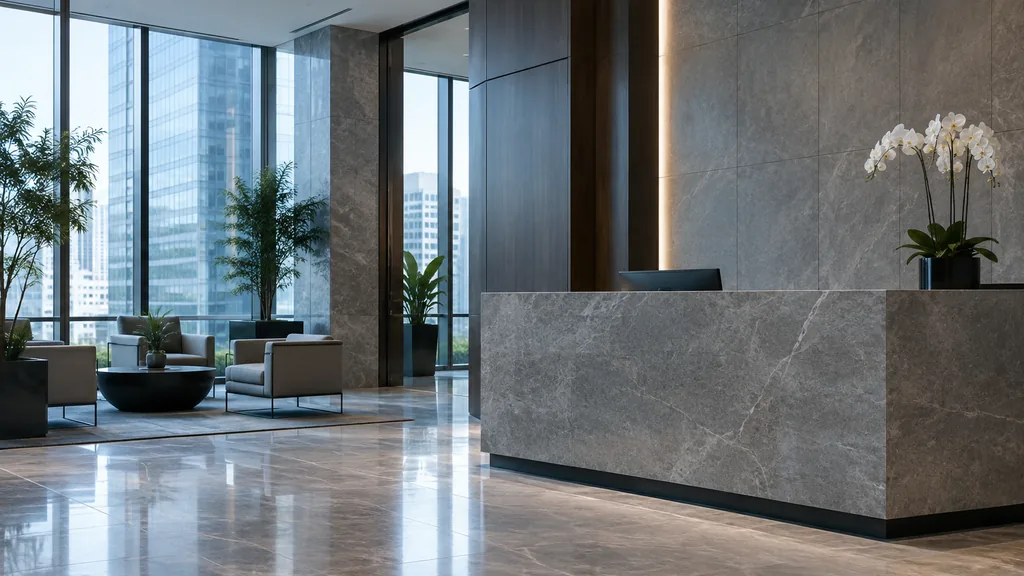 Law office setting: a quiet modern law office lobby with a stone reception desk, potted plants and cold blue morning light from tall windows