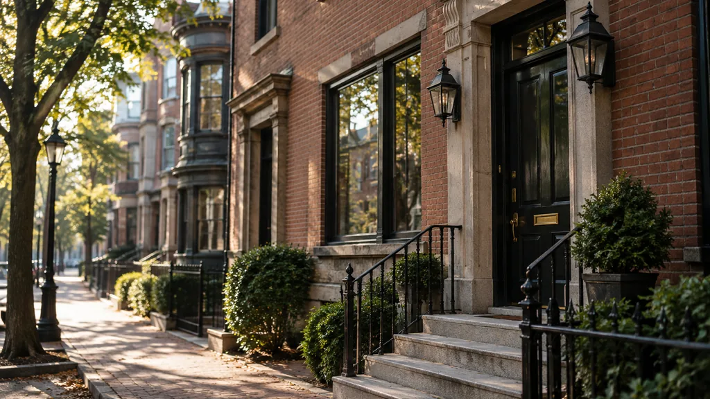 Law office setting: an old brick rowhouse street corner in morning light with a law office entrance and wrought iron railings, no signs