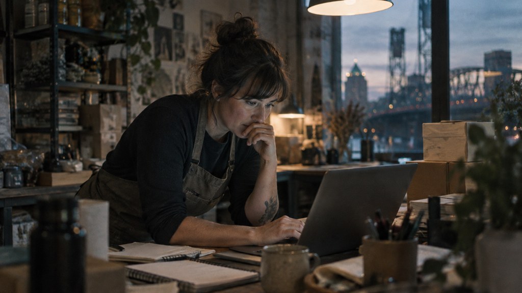 A small-business owner in an apron leaning over a laptop on a cluttered back-office desk late in the day, photographed in Portland