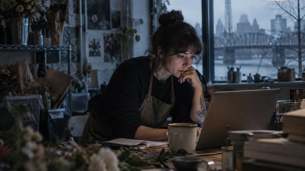 A small-business owner in an apron leaning over a laptop on a cluttered back-office desk late in the day, photographed in Portland