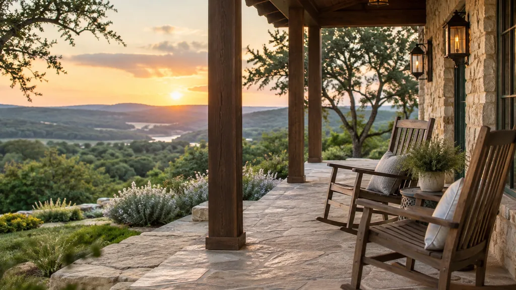 Treatment center setting: a peaceful Hill Country ranch porch with rocking chairs, limestone walls and soft evening light over rolling green hills