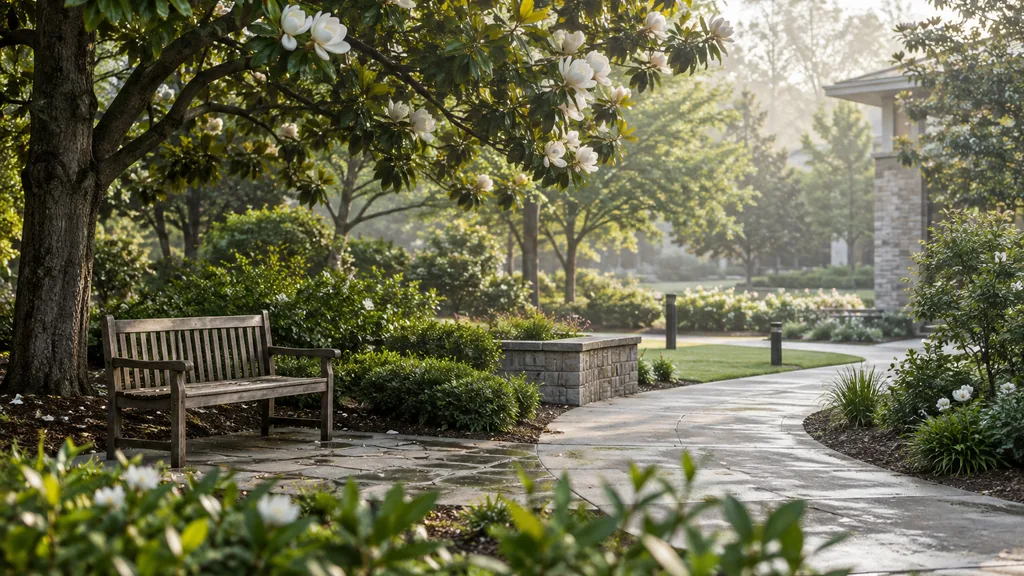 Treatment center setting: a tranquil garden path at a treatment campus with magnolia trees, a wooden bench and humid morning light