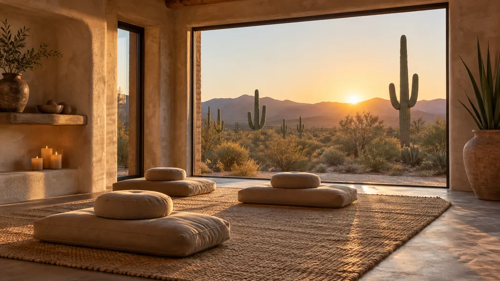 Treatment center setting: a quiet desert-view meditation room with floor cushions, adobe walls and warm sunrise light over saguaro cacti