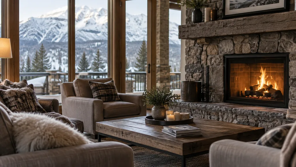 Treatment center setting: a cozy mountain-lodge style lounge with a stone fireplace, armchairs and snowy peaks visible through the window