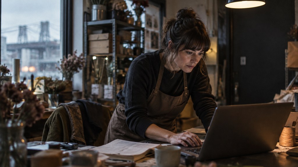 A small-business owner in an apron leaning over a laptop on a cluttered back-office desk late in the day, photographed in Portland
