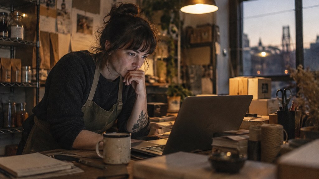 A small-business owner in an apron leaning over a laptop on a cluttered back-office desk late in the day, photographed in Portland