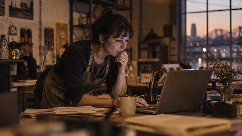A small-business owner in an apron leaning over a laptop on a cluttered back-office desk late in the day, photographed in Portland