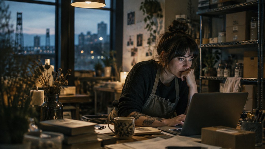 A small-business owner in an apron leaning over a laptop on a cluttered back-office desk late in the day, photographed in Portland