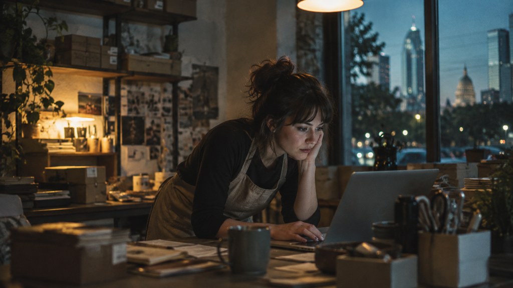 A small-business owner in an apron leaning over a laptop on a cluttered back-office desk late in the day, photographed in Austin