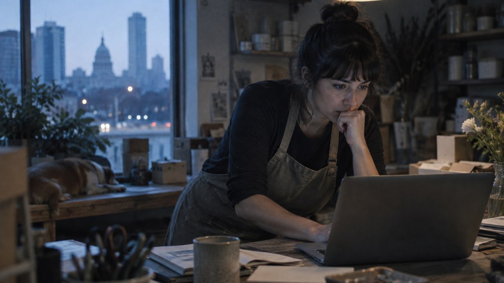 A small-business owner in an apron leaning over a laptop on a cluttered back-office desk late in the day, photographed in Austin