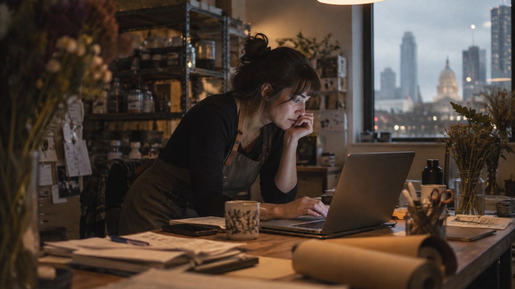 A small-business owner in an apron leaning over a laptop on a cluttered back-office desk late in the day, photographed in Austin