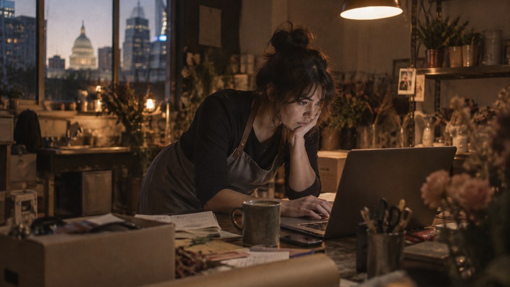 A small-business owner in an apron leaning over a laptop on a cluttered back-office desk late in the day, photographed in Austin