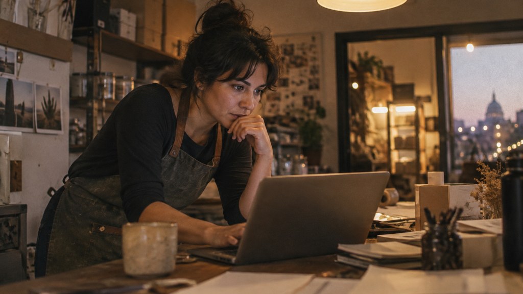 A small-business owner in an apron leaning over a laptop on a cluttered back-office desk late in the day, photographed in Austin
