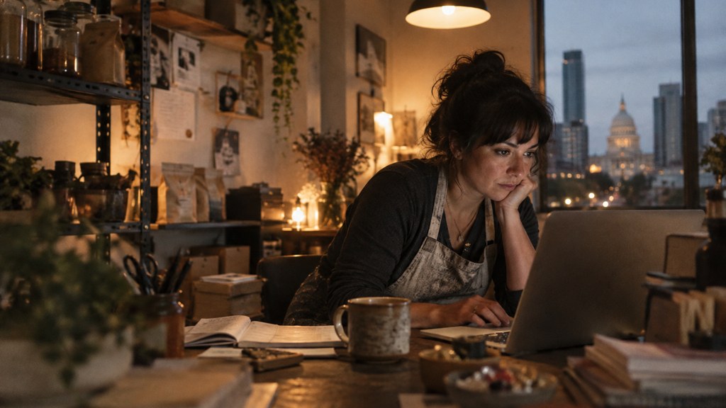 A small-business owner in an apron leaning over a laptop on a cluttered back-office desk late in the day, photographed in Austin