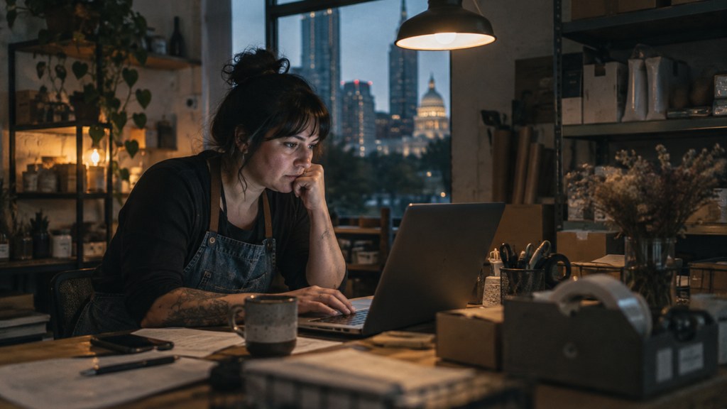 A small-business owner in an apron leaning over a laptop on a cluttered back-office desk late in the day, photographed in Austin