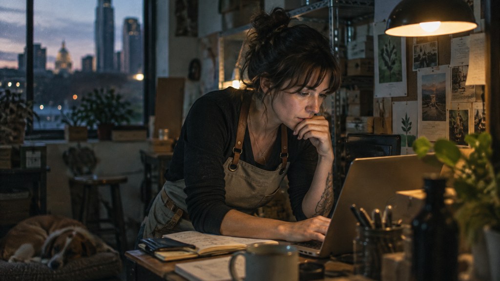 A small-business owner in an apron leaning over a laptop on a cluttered back-office desk late in the day, photographed in Austin
