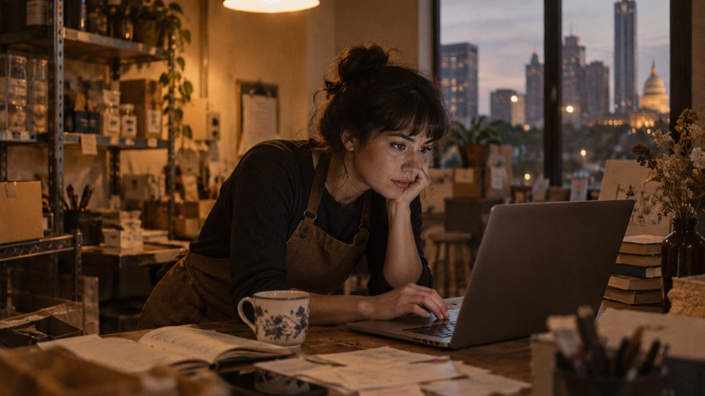 A small-business owner in an apron leaning over a laptop on a cluttered back-office desk late in the day, photographed in Austin