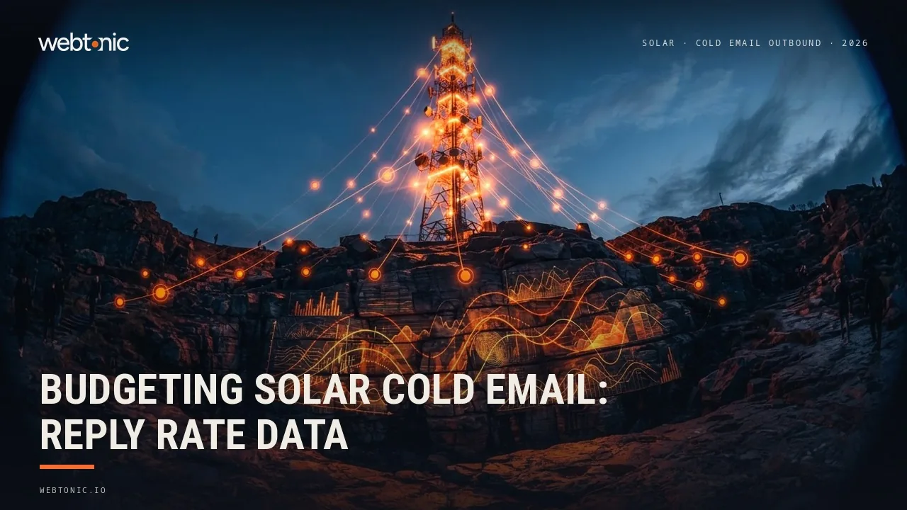 Solar cold email outbound statistics 2026 thumbnail showing a 3.43 percent average reply rate benchmark for a commercial B2B solar outreach list