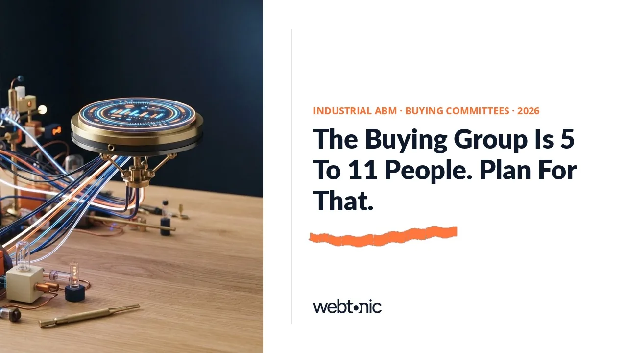 Manufacturing and industrial account based marketing statistics 2026 thumbnail showing a 5 to 11 stakeholder buying committee range from Gartner's research