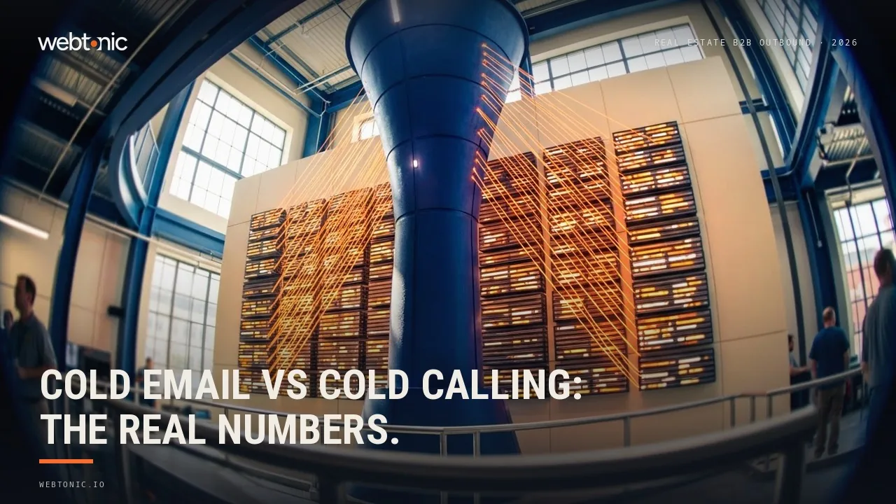 Real estate cold email vs cold calling statistics 2026 thumbnail showing a 0.45 percent average email reply rate against an 18.6 percent cold-call connect rate