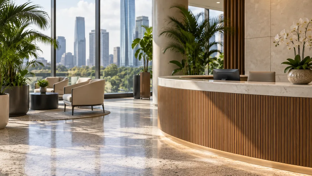 Mortgage office setting: a modern Houston lender lobby with a curved reception desk, terrazzo floor, tropical plants and bright humid morning light
