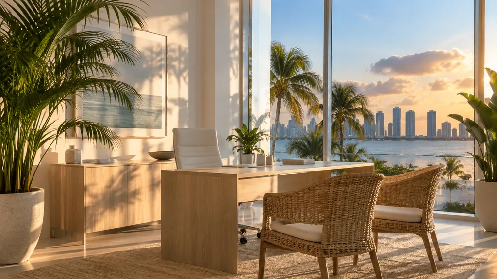 Mortgage office setting: a bright Miami mortgage office with white walls, rattan chairs, palm shadows on the floor and turquoise evening light