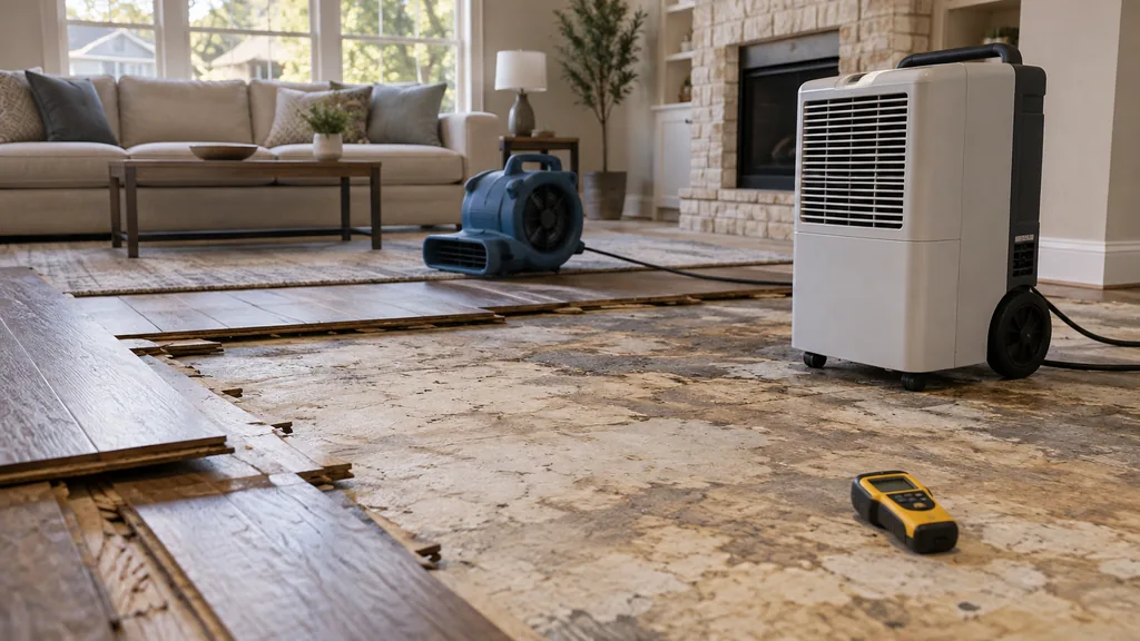 Water damage restoration job: a suburban living room with lifted flooring, a dehumidifier and moisture meter on the subfloor, soft Texas afternoon light