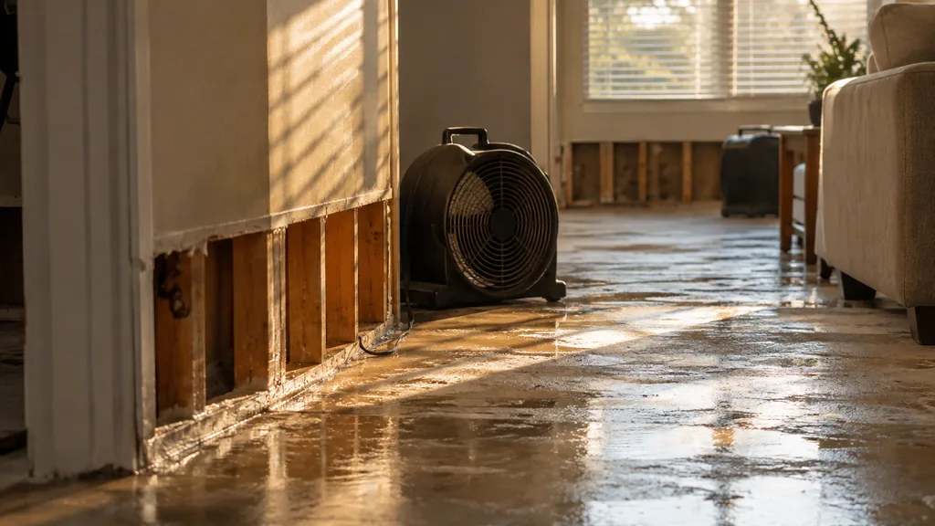 Water damage restoration job: a ground-floor room after flooding with baseboards removed, fans drying the drywall and humid golden light through blinds