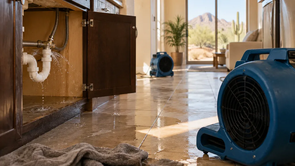Water damage restoration job: a stucco home interior with a burst supply line under a kitchen sink, air movers on tile floors and bright desert light