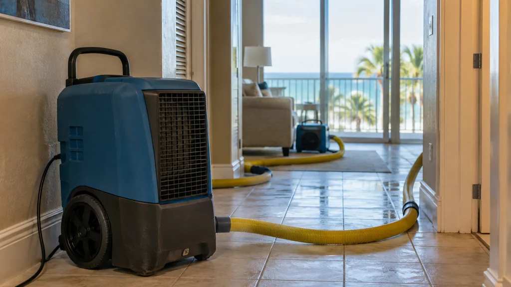 Water damage restoration job: a tiled condo hallway with a commercial dehumidifier, drying hoses and bright humid coastal light through a balcony door