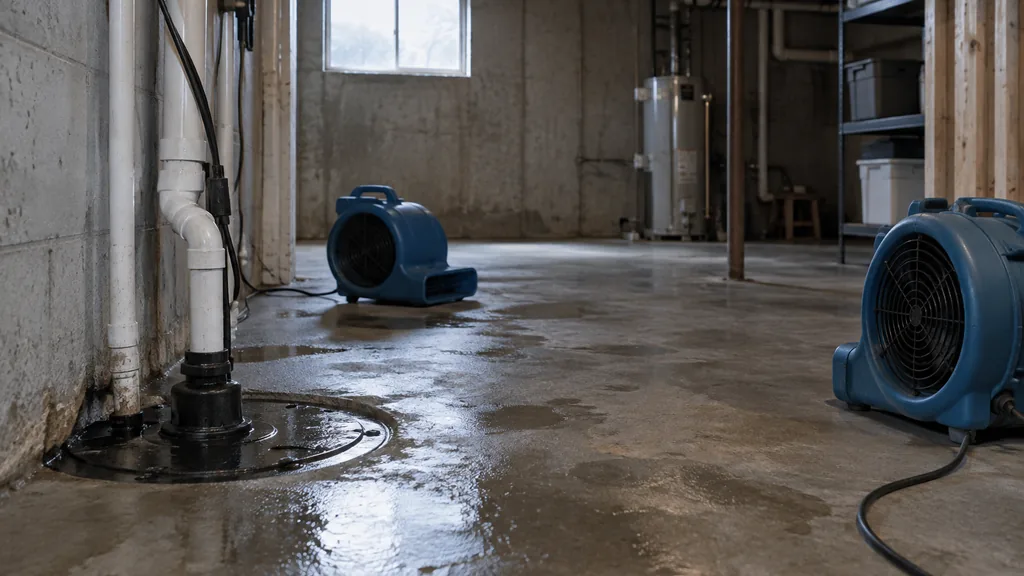Water damage restoration job: an unfinished basement with a sump pump, drying fans on concrete and cool grey light from a small window