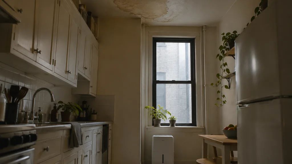 Water damage restoration job: a prewar apartment kitchen with a stained ceiling patch, a dehumidifier and soft window light from an airshaft