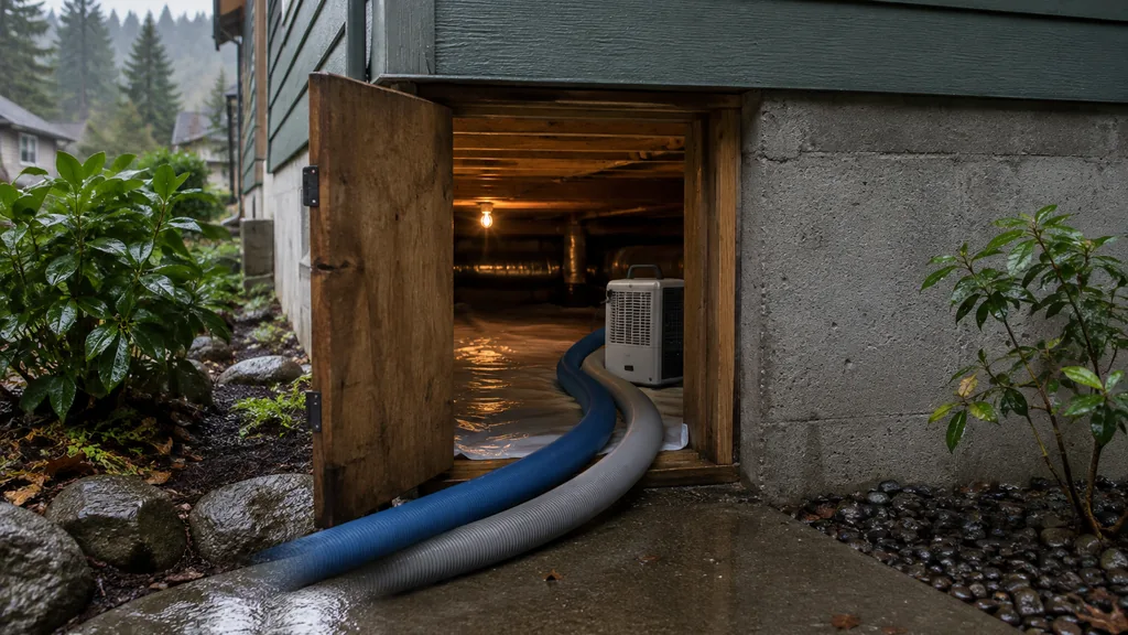 Water damage restoration job: a craftsman house crawlspace entrance with drying hoses and a dehumidifier, soft rainy Pacific Northwest light