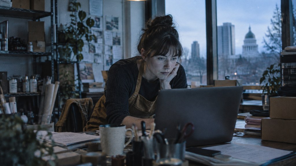 A small-business owner in an apron leaning over a laptop on a cluttered back-office desk late in the day, photographed in Sacramento