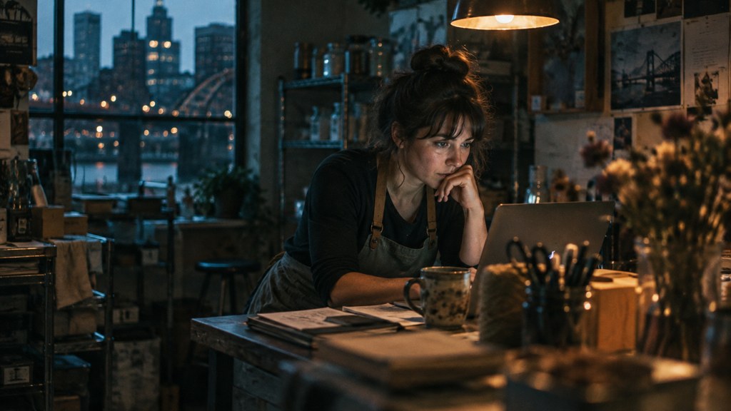 A small-business owner in an apron leaning over a laptop on a cluttered back-office desk late in the day, photographed in Pittsburgh