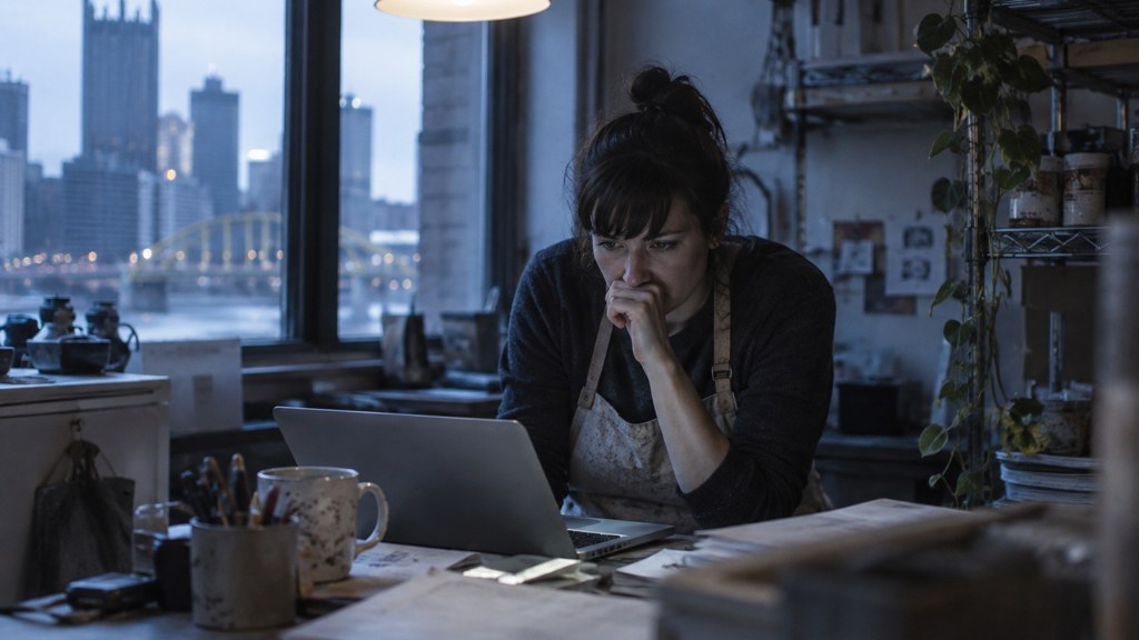 A small-business owner in an apron leaning over a laptop on a cluttered back-office desk late in the day, photographed in Pittsburgh