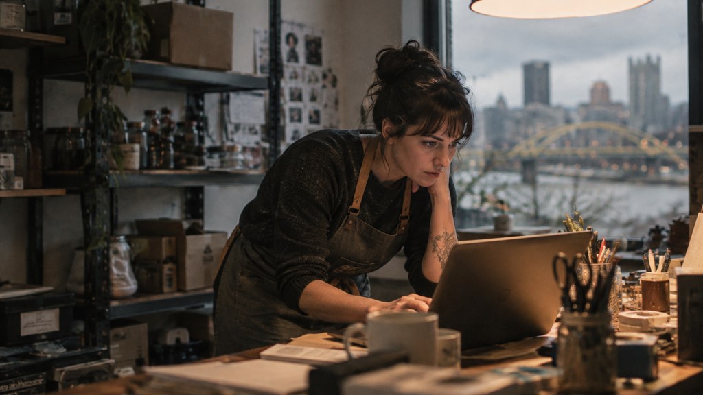 A small-business owner in an apron leaning over a laptop on a cluttered back-office desk late in the day, photographed in Pittsburgh