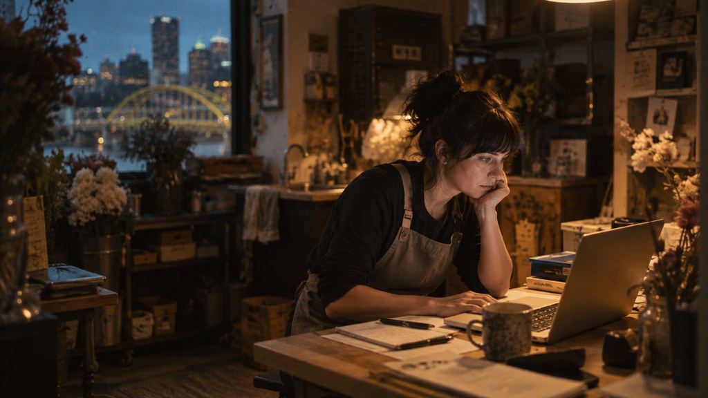 A small-business owner in an apron leaning over a laptop on a cluttered back-office desk late in the day, photographed in Pittsburgh
