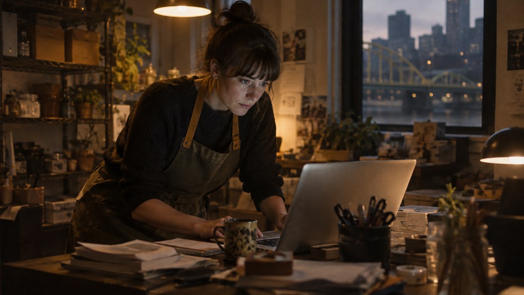 A small-business owner in an apron leaning over a laptop on a cluttered back-office desk late in the day, photographed in Pittsburgh