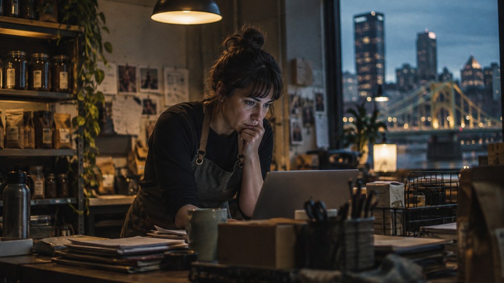 A small-business owner in an apron leaning over a laptop on a cluttered back-office desk late in the day, photographed in Pittsburgh
