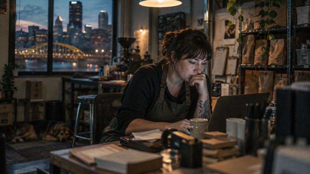 A small-business owner in an apron leaning over a laptop on a cluttered back-office desk late in the day, photographed in Pittsburgh
