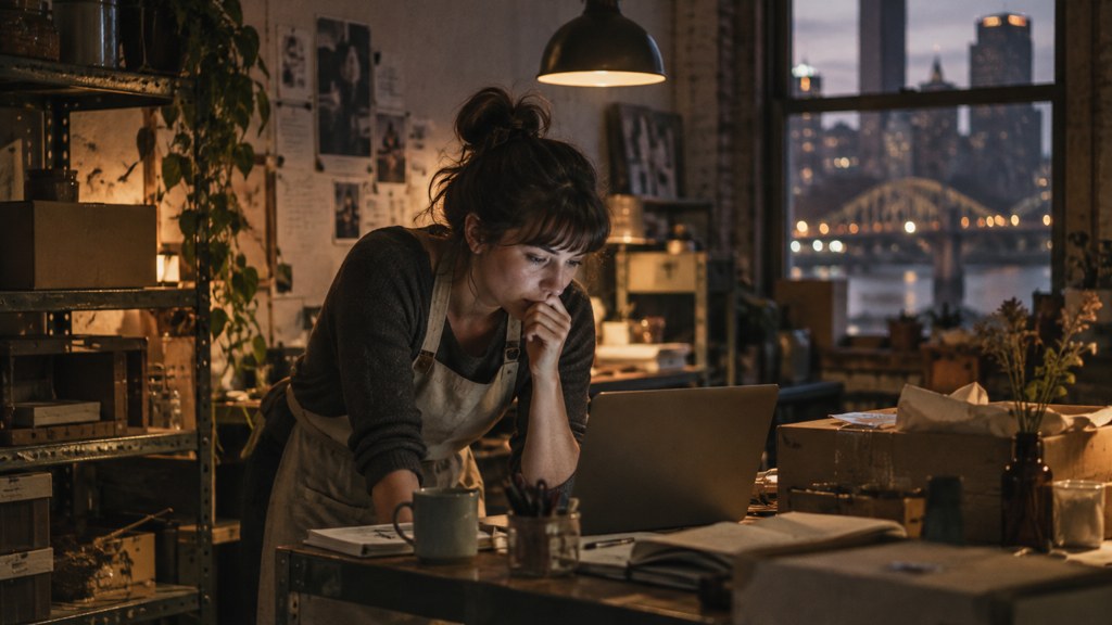 A small-business owner in an apron leaning over a laptop on a cluttered back-office desk late in the day, photographed in Pittsburgh