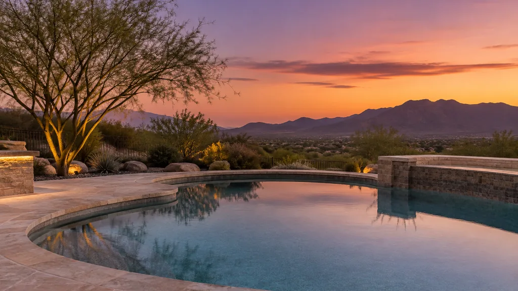 Pool builder backyard: an empty backyard in the Arizona desert at dusk with a freshly finished pebble-finish pool, travertine deck, a single palo verde tree and warm purple sky over distant mountains